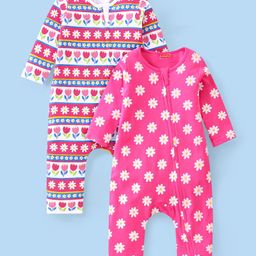 Babyhug 100% Cotton Knit Full Sleeves Floral Printed Romper Pack of 2 - Pink-image-105