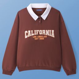 Pine Kids Cotton Knit Full Sleeves Drop Shoulder Sweatshirt with Collar Neck & Text Print - Brown-image-26