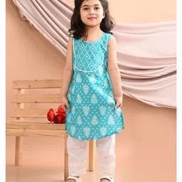 Kinder Kids Sleeveless Ethnic Motif Printed Kurta With Solid Pant - Blue & White-picture-20
