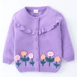 Babyhug Knitted Full Sleeves Front Open Sweater WIth Floral Embroidered  -Lavender-image-83