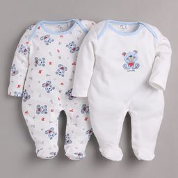 BABY GO Pack Of 2 Full Sleeves Teddy Bear Printed Footed Rompers - White-image-89