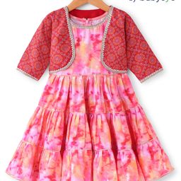Babyoye Woven Tie & Dye Printed Dress with Three Fourth Sleeves Jacket - Pink-image-65