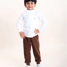 Kiddopanti Cotton Full Sleeves Turtle Neck Brand Logo Printed Tee With Track Pant Set - White & Coffee Brown-picture-39