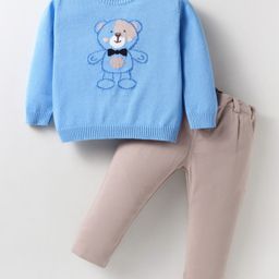 ToffyHouse Knit Full Sleeves Winter Wear Set With Teddy Bear Print - Light Blue-image-97
