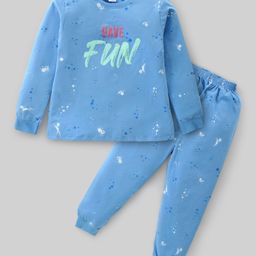 Smarty Girls Cotton Lycra Knit Full Sleeves Winter Wear Suit With Text Print - Light Blue-23