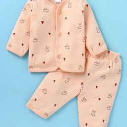 Tango Interlock Knit Full Sleeves Front Open Night Suit with Bunny Print - Peach-10