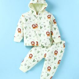 Doreme Full Sleeves Hooded Front Open Winter Wear Co-Ord Set With Lion Print - Light Green-image-36