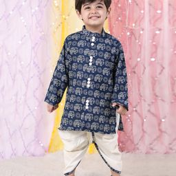 Polka Tots Cotton Full Sleeves Elephant Printed Kurta With Dhoti - Navy Blue-image-42