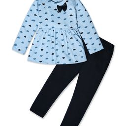Nino Togs Cotton Jersey Full Sleeves Hearts Printed Top With Solid Lounge Pant Set - Light Blue & Black-image-71