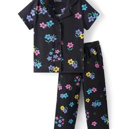 Pine Kids Single Jersey Knit Half Sleeves Night Suit with Floral Print - Black-image-55