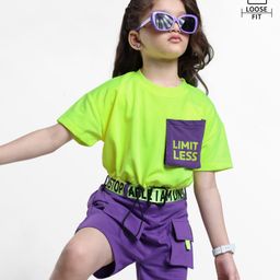 Ollington St. 100% Cotton Half Sleeves Top with Pocket & Shorts Set with Text Print -Green & Purple-image-125