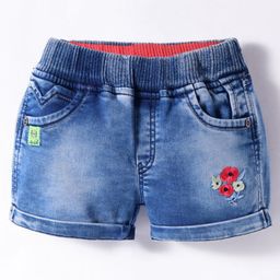 Olio Kids Knit Above Knee Length Denim Shorts with Floral Applique - Light Blue-image-96