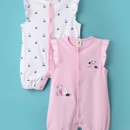 ToffyHouse Knit Frill Sleeves Animal Embroidered & Boat Printed Rompers Pack of 2 - Pink & White-image-34