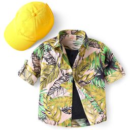 Rikidoos Full Sleeves Leaves Printed Shirt With Attached Tee & Cap - Dark Grey & Multi Colour-picture-47