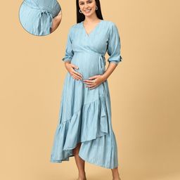 The Mom Store Cotton Blend Three Fourth Sleeves Abstract Printed Maternity Wrap Dress With Zipless Nursing Access - Blue-image-95