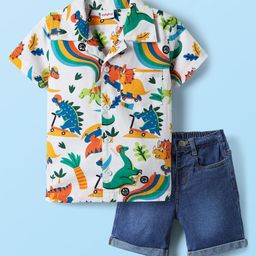 Babyhug Poplin Collar Half Sleeves Shirt & Short Set With Animal Print - White & Blue-image-18