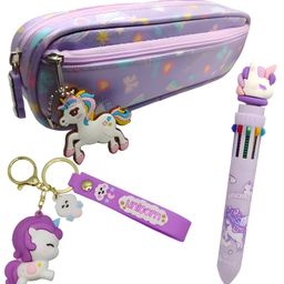 SCHOOLISH Unicorn Pencil Pouch Stationery Set with Soft Case Pouch, Multicolor Pen and 3D Unicorn Keychain Art Artificial Leather Pencil Box- PACK OF 1- COLOR MAY VARY-image-2