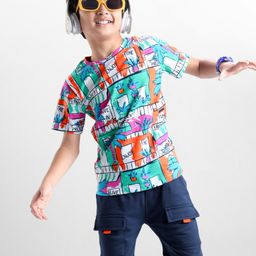 OLLINGTON ST. Cotton Half Sleeves Printed T-Shirt & Knit Shorts Set - Multicolor & Navy Blue-image-13