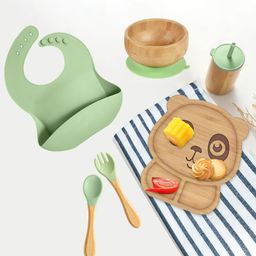 Kids Station 10 Piece Bamboo Feeding Set in Green for Newborns and Toddlers Includes Panda Plate Spoon Fork Bowl Bib Sipper with Straw and Cap and Two Suction Rings BPA-12