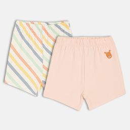 MINI KLUB Cotton Knit Pack Of 2 Striped & Animal Patch Embroidered Shorts - White & Pink-image-68