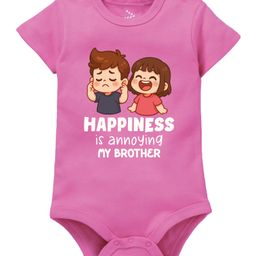 Zeezeezoo 100% Cotton Knit Raksha Bandhan Theme Half Sleeves Happiness Is Annoying My Brother Text Printed Onesie - Pink-image-85