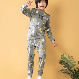Plum Tree 100% Cotton Knit Full Sleeves Typography Printed Tee With Coordinating Joggers Set - Grey-image-5