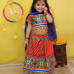 BownBee Pure Cotton Navratri Theme Half Sleeves Kutch Embroidered & Mirror Work Embellished Chaniya Choli With Dupatta Set - Orange-picture-48