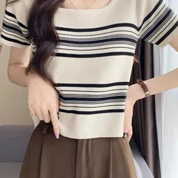 KPOP Women Horizontal Stripes Striped Regular Top-image-98