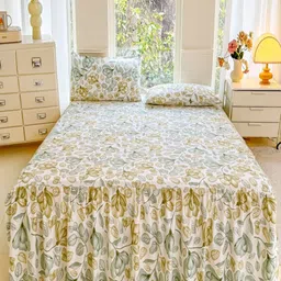 JC HOME White & Green Floral 140 TC Queen Bedsheet with 2 Pillow Covers-picture-47