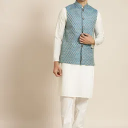 SOJANYA Men Cream-Coloured Chikankari Pure Cotton Kurta with Churidar & Nehru Jacket-image-94