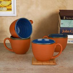 StyleMyWay Set Of 4 Brown & Blue Textured Ceramic Handcrafted Soup Bowls-6