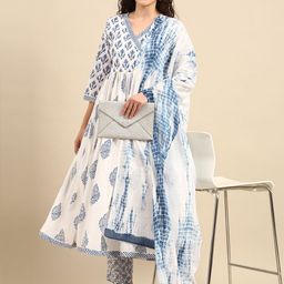 Janasya Women White & Blue Pure Cotton Printed Gotta Patti Angrakha Kurta Set & Dupatta-image-46