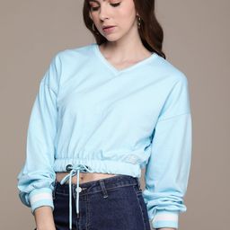 FCUK Solid V-Neck Long Sleeves Crop Sweatshirt-31