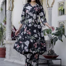 Pistaa Floral Printed Pure Cotton Shirt Collar A-Line Kurta With Trousers-picture-41