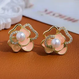 VAGHBHATT Gold-Plated Pearls Studded Floral Shaped Studs-14