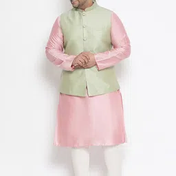 KISAH PLUS Men Pink & White Solid Kurta with Churidar & Nehru Jacket-image-73
