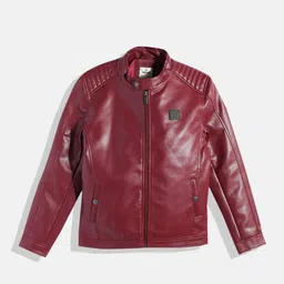 WROGN YOUTH Boys Maroon Solid Biker Jacket-image-65