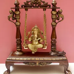Exotic India Gold-Toned Lord Ganesha Statue on A Swing Religious Brass Idol Showpiece-image-31