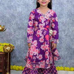 UNBIND Girls Floral Printed Angrakha Pure Cotton Kurta with Sharara-picture-58