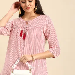all about you White & Red Striped Pure Cotton Kurti with Tassel detail-image-40