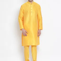 VASTRAMAY Men Yellow Solid Kurta with Pyjamas-image-65