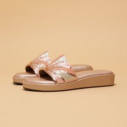 ERIDANI Women Rose Gold Textured Ethnic Open Toe Synthetic Leather Flats with Laser Cuts-4