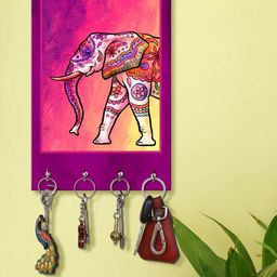 999Store Pink & Yellow Decorative Elephant Printed Key Holder With 4 Hooks-image-87