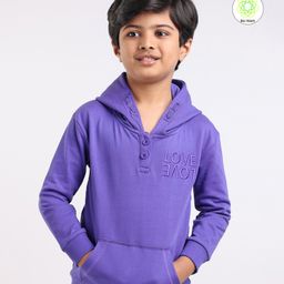 Honeyhap Premium 100% Cotton Terry Full Sleeves Biowashed Drop Shoulder Hooded Sweatshirt with Kangaroo Pocket & Text Embroidery - Blue Iris-image-62