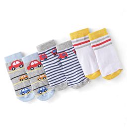 Cute Walk by Babyhug Cotton Blend Ankle Length Anti Skid Socks Stripes & Car Design Pack of 3 - White Grey & Yellow-image-91