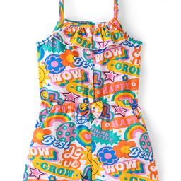 Babyhug Cotton Jersey Sleeveless Emoji & Text Printed Jumpsuit with Bow Applique - Multicolour-image-58