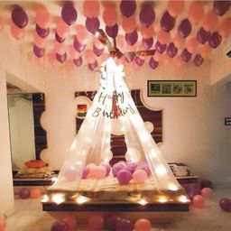 Surprise Decor Party Supplies Birthday Decorations for Girls Boys, Balloons, Net Backdrop, Led light for Party Decoration (Pink Purple White) Size - 10ft X 5ft-9