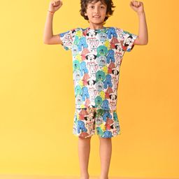 Anthrilo Cotton Knit Half Sleeves Dogs Printed Coordinating Night Suit - White-image-74