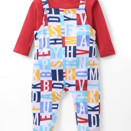 Babyhug Cotton Knit Full Sleeves T-Shirt & Dungaree Set with Alphabet Print -Red & White-image-80