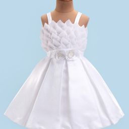 Bluebell Satin Knit Sleeveless Party Frock With Floral Corsage - White-image-68